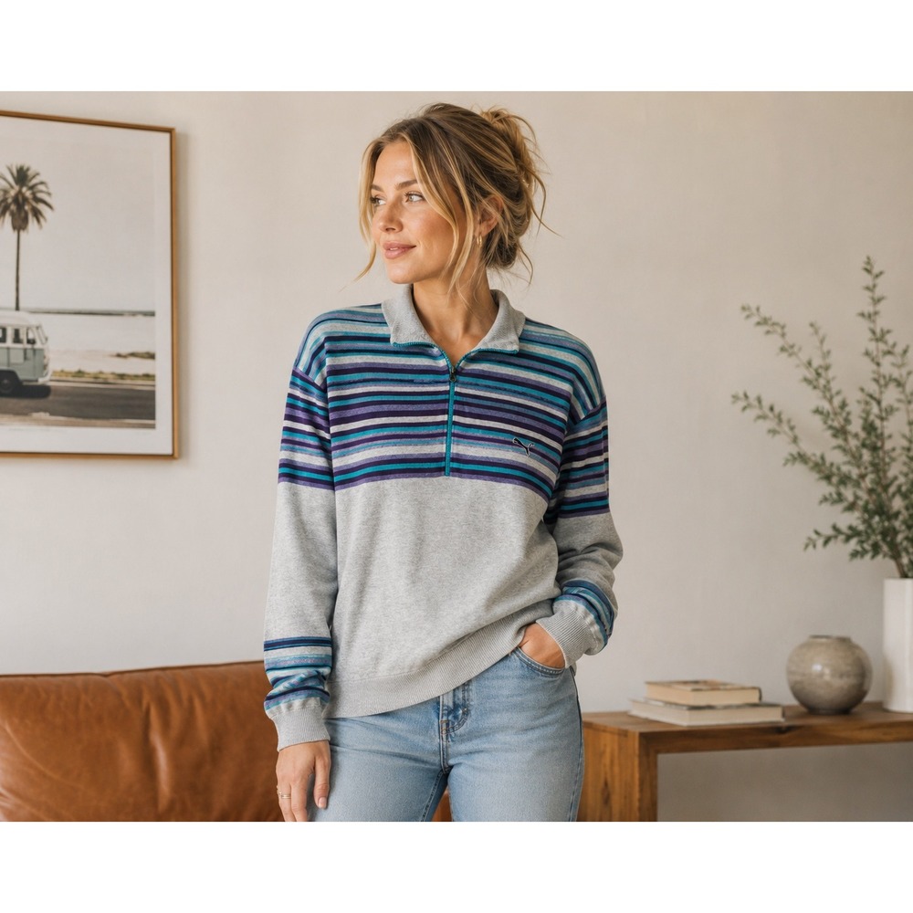 Puma Sportlifestyle Women XL Gray Striped Quarter Zip Knit Sweater Pullover‎